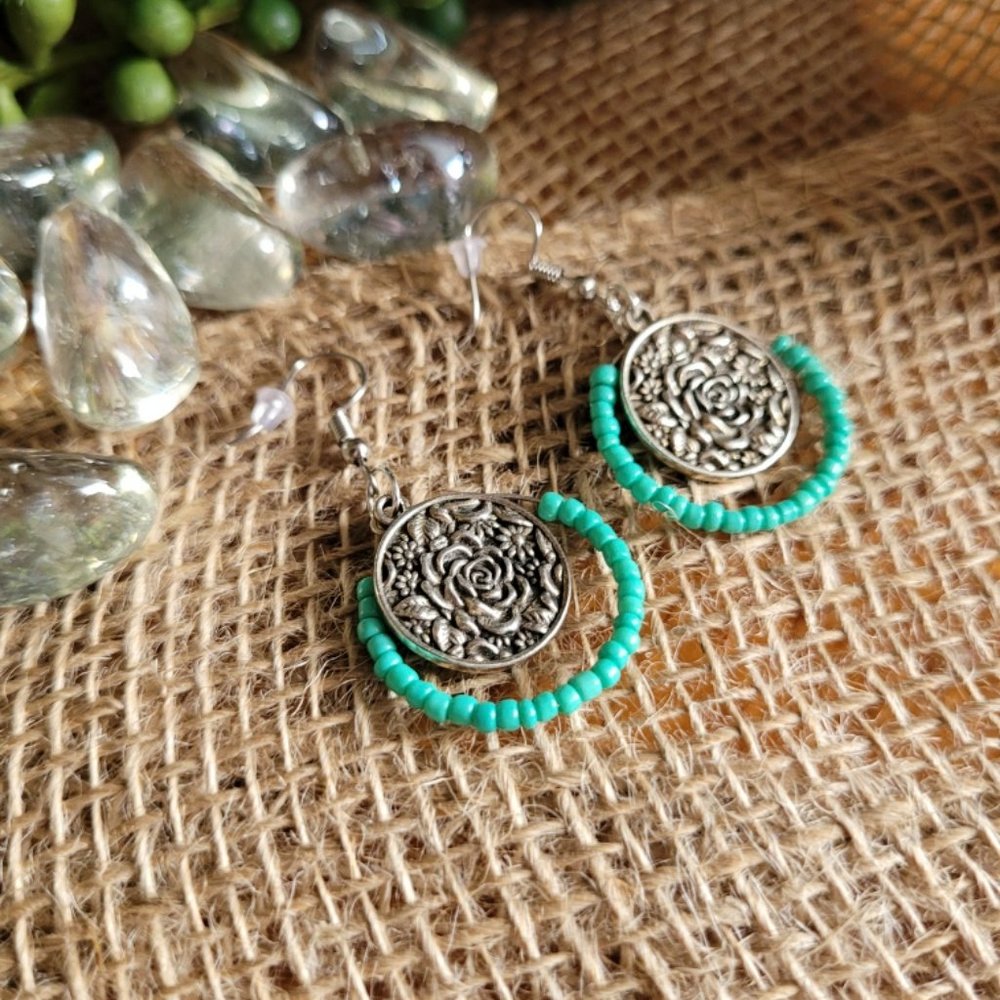 Turquoise Rose Hoop Earrings
